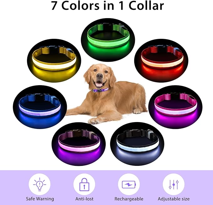 PcEoTllar Light up Dog Collar for Night Walking - LED Dog Collar Light Rechargeable Color Changing, Glow in The Dark Dog Collars Waterproof Glowing Dog Collars for Large Small Medium Dogs