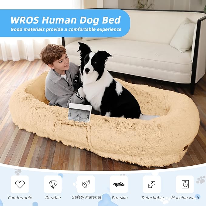 Human Dog Bed for Adults & Pets, 63"x32"x10" XL Faux Fur Nap Bed with Pillow, Blanket & Strap, Orthopedic Washable Lounger for Sleeping, Relaxing, Cuddling – Beige