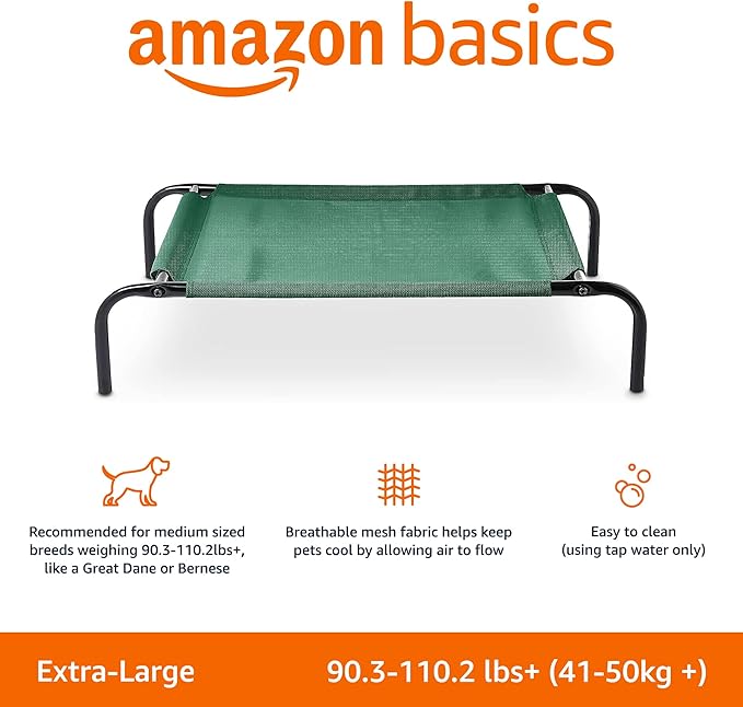 Amazon Basics Cooling Breathable Elevated Dog Bed with Durable Metal Frame, for Large Dogs, X-Large, 60 x 37 x 9 Inch, Green