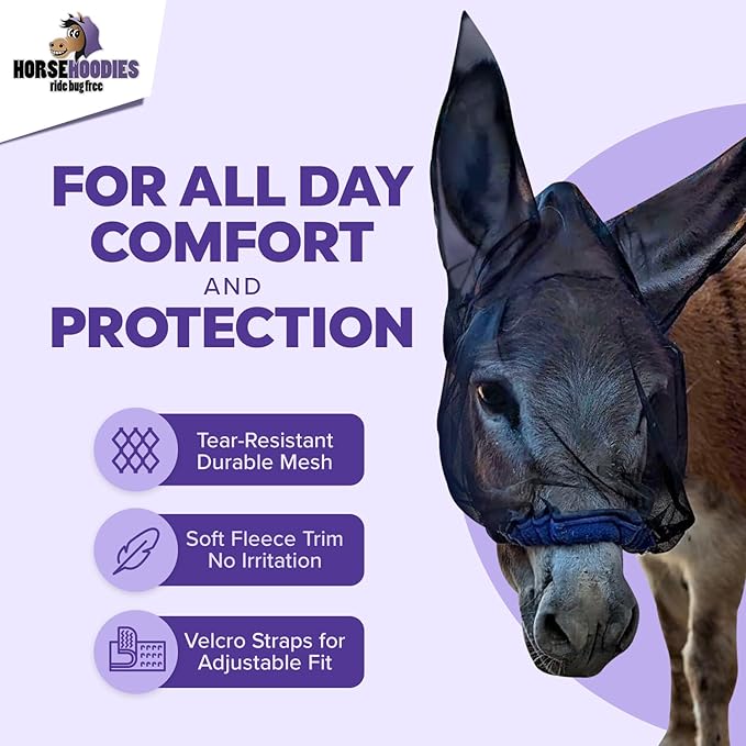 Donkey Fly Mask with Long Ears (Aqua) Made in USA - Mule Fly Mask with Ears Protection from Insects and Bugs, Small Donkey Soft Mesh Fabric with Adjustable Fastener, Face Cover Supplies for Donkeys