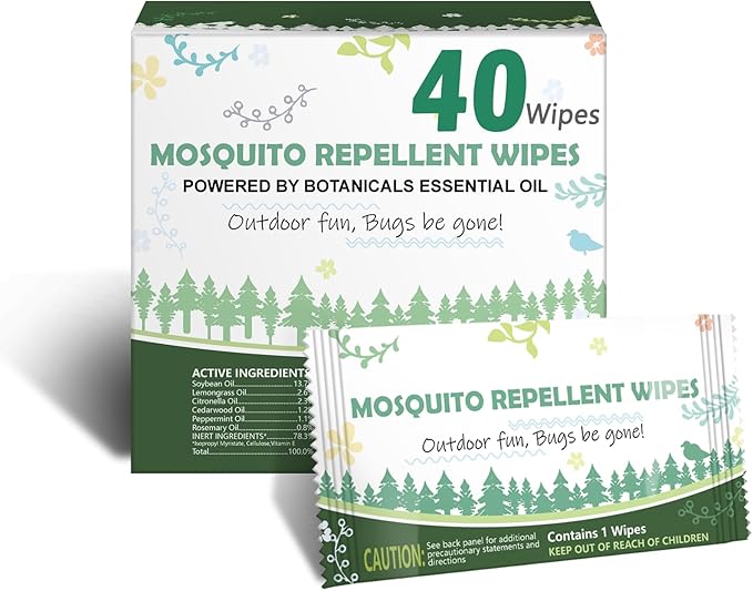 Natural Mosquito Repellent Wipes, DEET Free Insect & Bug Repellent Wipes, Easy to Use, Long Lasting, Travel Sized