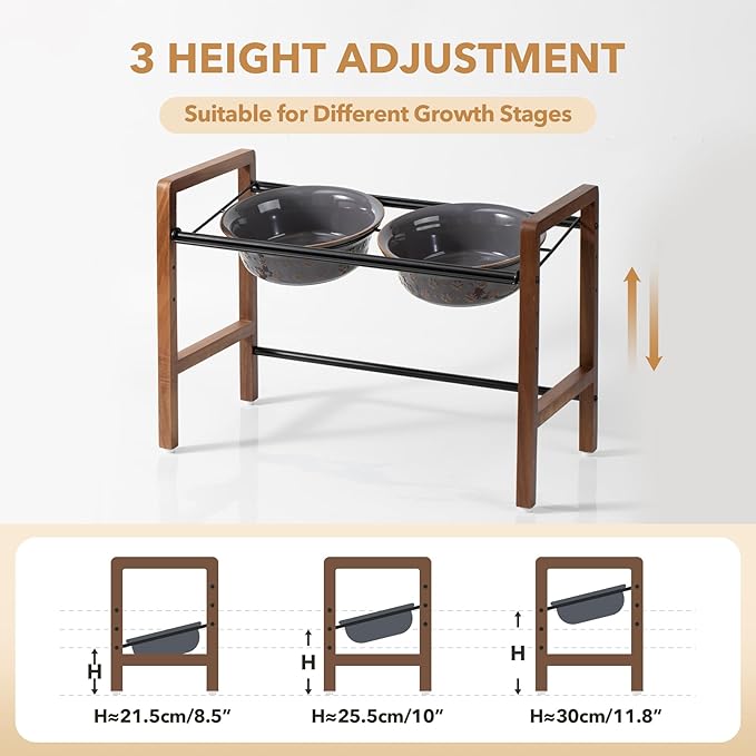 8.7inch Ceramic Adjustable Raised Double Bowls Set with Stand, 3 Heights Elevated, 2 Placement Options,Food and Water Dishes for Large Dog(Double Bowls+Stand, Reactived Glaze -Grey)