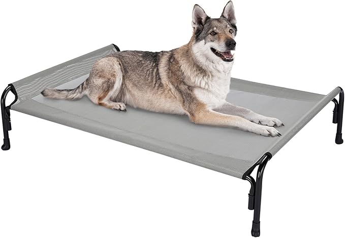 Veehoo Outdoor Elevated Dog Bed, Raised Dog Cot for Large Dogs, Cooling Washable Waterproof Pet Hammock Beds with Slope Headrest, Breathable Mesh and Sturdy Frame, Large, Grey, CWC2204