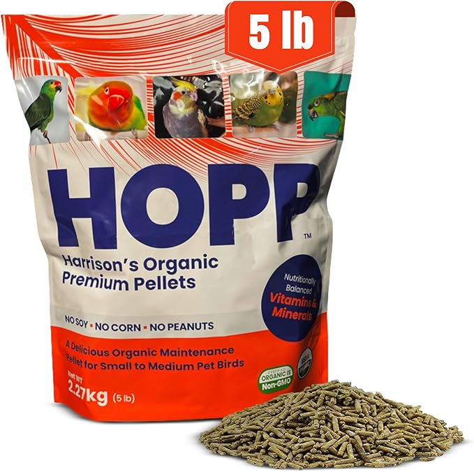 Harrison's Bird Foods HOPP Premium Pellets – Organic, Nutritionally Balanced Food for Small to Medium Pet Birds, Cold-Pressed, Low Fat, Vet-Developed, 5LB