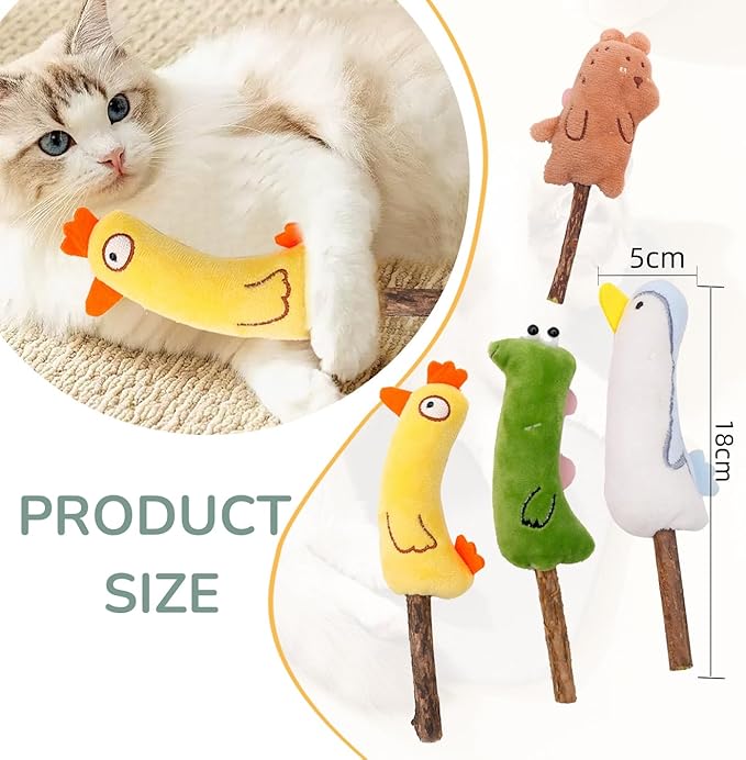 4-Piece Catnip Toys with Valerian Stick Catnip Toys with Various Cute Animal Styles, Plush Cat Toys for Indoor Cats, Cat Chew Toys Kitten Toys