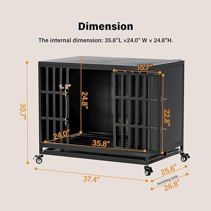 38 inch Heavy Duty Dog Crate with Self-Locking Latch, Indestructible Steel Large Kennel with Enclosed Design, Chew-Proof and Escape-Proof Pet Cage for High Anxiety Dogs