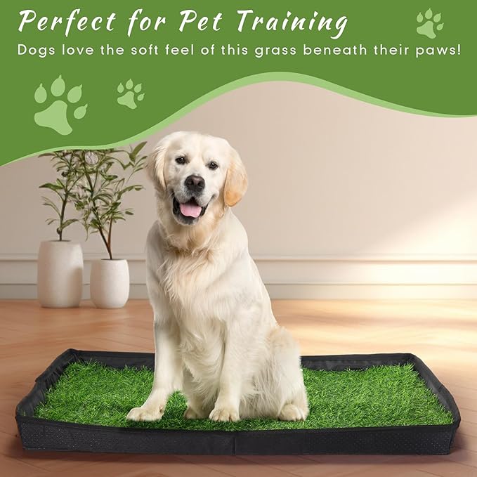 35'' x 22.6'' Dog Grass Pad Large Patch Potty with 2 Artificial Dog Grass Washable Puppy Pee Pad Foldable Dog Litter Box Indoor Outdoor Dog Potty Portable Pet Loo for Travel Balcony
