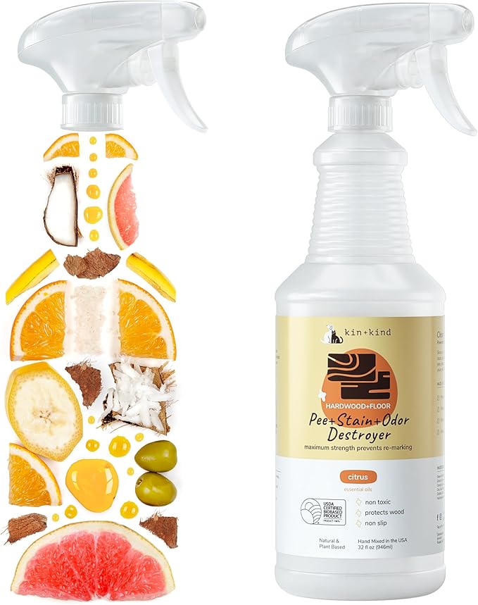 kin+kind Pet Odor Eliminator for Home - Litter Deodorizer, Pet Urine Odor Eliminator Spray and Stain Remover Spray for Harwood Floods, Carpet and Fabric - Pee, Odor and Stain Destroyer 32 fl oz