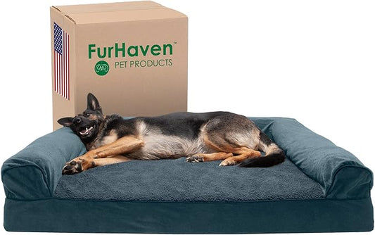 Furhaven Cooling Gel Dog Bed for Large Dogs w/ Removable Bolsters & Washable Cover, For Dogs Up to 125 lbs - Sherpa & Chenille Sofa - Orion Blue, Jumbo Plus/XXL