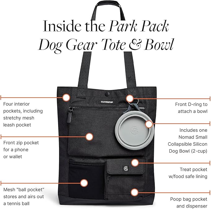 Park Pack 2-Piece Set Dog Gear Tote – Dog Travel Bag with 8 Pockets, Treat Pouch, Poop Bag Dispenser, Quick-Dry Ball Pocket, Collapsible Bowl, Perfect for Walks & Park Trips, Graphite