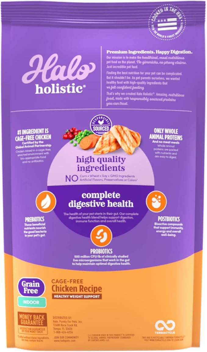 Halo Holistic Cage Free Chicken Cat Food, Grain Free Dry Cat Food, For Healthy Weight Support, Kibble for Indoor Cats, 6 lb Bag