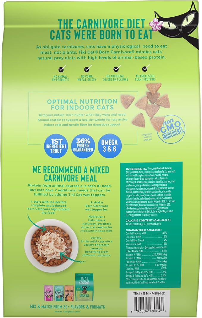 Tiki Cat Born Carnivore Indoor Health Dry Cat Food, Trout & Menhaden Fish Meal, 12 lbs. Bag