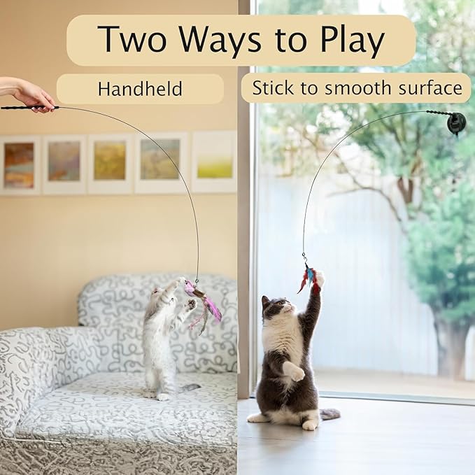 22Pcs 5-in-1 Cat Toys Interactive Cat Toy for Indoor Cats with Sticky Super Suction Cup Detachable Replacements Feathers Balls Mice Spring 3 Wand Hanging Door Kitten Toys