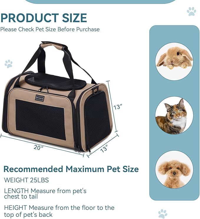 PETSFIT Dog Carrier Cat Carriers for Puppies, Medium Cats up to 25Lbs, Travel Soft Sided Pet Carrier (Large, Khaki)