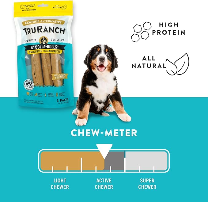 Collagen Rolls - 9" Collagen Rolls for Dogs - Long Lasting Healthy Joint Support Dog Treat - Rawhide Alternative - Skin & Coat Health - Made with Real Peanut Butter, 1 Bag, 3 Count