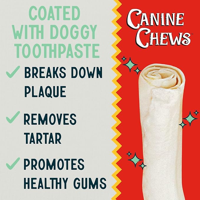 Canine Chews 10-11" Dental Coated Jumbo Rawhide Retriever Rolls (8 Pack) - Breath Freshening & Long Lasting Dental Chews for Dogs Large Size - Teeth Cleaning Dog Treats for Aggressive Chewers