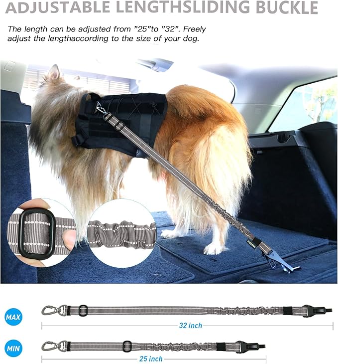 AUBELL Dog Seat Belt for Car,Updated 3-in-1 Adjustable Reflective Bungee Heavy Duty Dog Car Harness Tether with Clip Hook Latch & Buckle,Swivel Zinc Alloy Carabiner,Grey