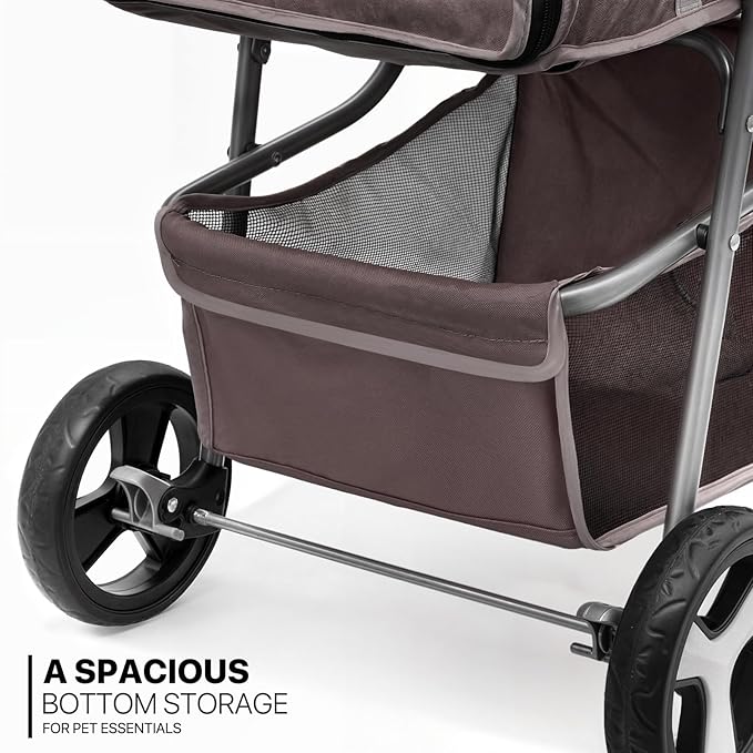 MoNiBloom Foldable Dog Strollers for Small Dogs with Weather Cover, 3 Wheels Pet Strolling Cart for Dogs and Cats with Storage Basket and Cup Holder, Breathable and Visible Mesh for All-Season, Coffee