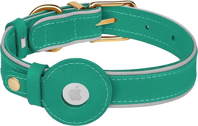 OOPSDOGGY Reflective Geniune Leather Airtag Dog Collar Soft Padded Collars for Small Medium Large Breed Dogs Puppy, 4 Sizes, 7 Colors (Teal, Small, 9"-12")
