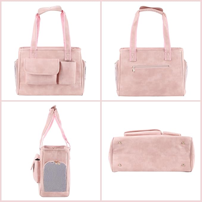 Dog Carrier Purse, Fashion Leather Pet Carrier Bag, Airline Approved Soft Sided Cat Travel Tote Bag with Pockets Pink