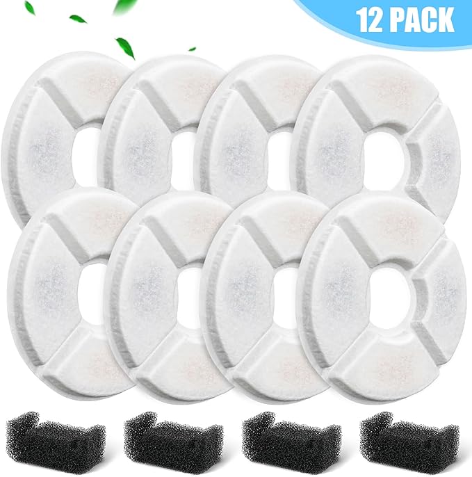 12 Pack Cat Water Fountain Filter, 8 Pcs Cat Fountain Filters Replacement & 4 Pcs Pre-Filter Sponges for 81oz / 2.4L Round Automatic Pet Water Fountain Dog Dispenser, 3-Filtration System