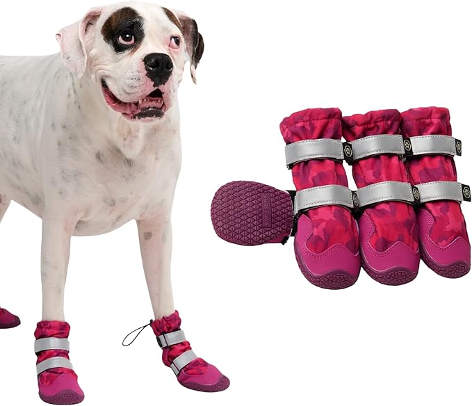 Spark Paws Dog Shoes, Waterproof Dog Boots for Medium to Large Dogs, Non Slip, Breathable Dog Booties and Paw Protectors - 4PCS Doggie Hiking Boots with Reflective Straps, Pink Camo, Size 5