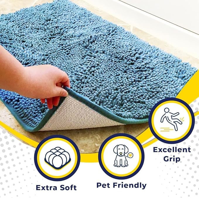 Muddy Mat® AS-SEEN-ON-TV Highly Absorbent Microfiber Door Mat and Pet Rug, Non Slip Thick Washable Area and Bath Mat Soft Chenille for Kitchen Bathroom Bedroom Indoor and Outdoor - Sky Blue 36" x 120"
