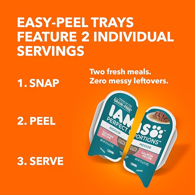 IAMS Perfect Portions Indoor Adult Wet Cat Food Cuts in Gravy, Salmon Recipe, 2.6 oz. Easy Peel Twin-Pack Trays (24 Count, 48 Servings)