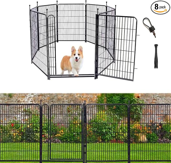 Garden Fencing 48in High, 8 Panels Total 17.7 Ft(L) Dog Fence Outdoor for Yard, Gate 21 in Wide with Low Sills. Lattice Panels for Outside, Dog Digging Fence Barrier, Garden Fences and Borders