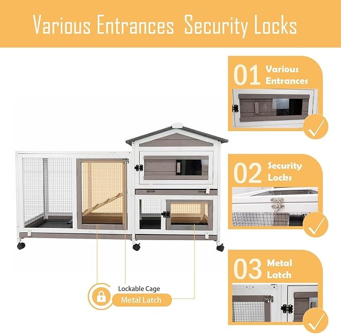 57" L Rabbit Hutch Indoor Outdoor 2 Story Large Bunny Hutch with Run Guinea Pig Cage Wooden Rabbit Cage with Removable 3 Pull Out Trays Pet House for Small-Medium Animals