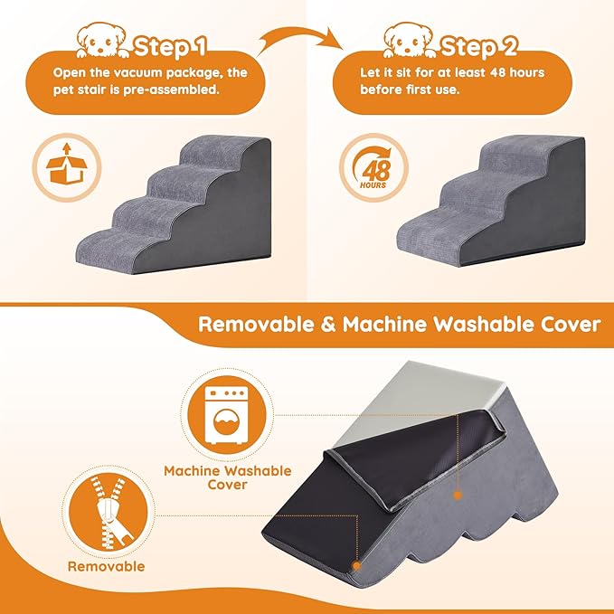 Dogs Steps for Bed, Dog Stairs for Small Dogs, 2-Step Dog Ramp for Bed, Couch, Sofa, and Chairs, Non-Slip Bottom Design, Cat Scratching, High Density Foam Portable Pet Step, Indoor, Grey