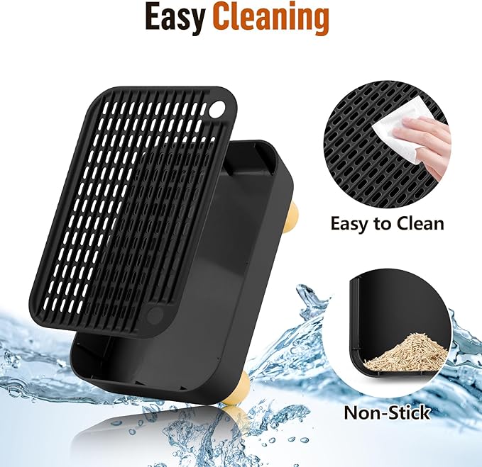 Cat Litter Box Step Ramp, Cat Litter Catcher Mat with Wooden Feet, Filter Function, Cat Pedal Stool for Self-Cleaning Cat Litter Box, Ideal for Kitten & Elderly Cats (Black)