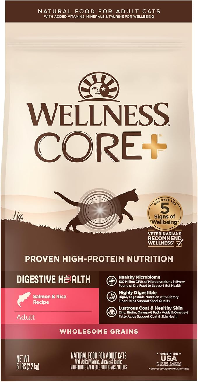 Wellness CORE+ Adult Dry Cat Food for Indoor and Outdoor Cats, Wholesome Grains, Natural, Digestive Health Salmon & Rice (5 Pound Bag)