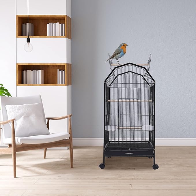 40-Inch Wrought Iron Bird Cage with Open-Top and Rolling Stand, Movable Parrot Cage Pet Bird Flight Cage, 360 Degree View Spacious Interactive Roof Pet Bird House for Medium&Small Birds