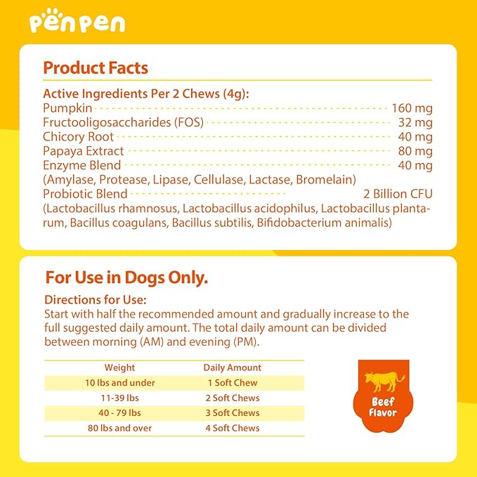 Penpen Probiotics for Dogs, Dogs Probiotics for Digestive Health, Multi-Probiotic and Enzyme Blend Promote Gut Health & Immune Support, Eases Sensitive Stomachs (Beef Chews, 180ct)