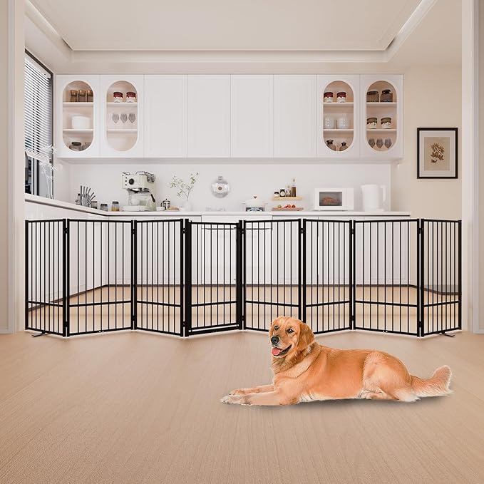 Full Metal Freestanding Dog Gate with Door, 36''Height Foldable Pet Dog Fence for Indoor & Outdoor, 8 Panels Extra Wide Free Standing TallDog Gates for Doorways,House,Stairs,Porch,Deck,Yard