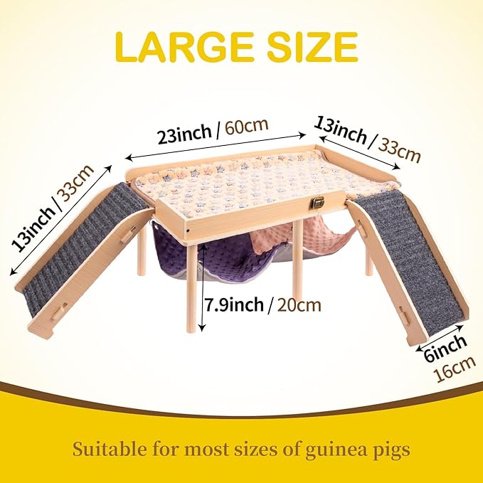 Enlarged Guinea Pig Hammock with Platform and Stairs,Wooden Foldable Piggies Hideout for Guinea Pigs Bunny Ferret Hamster Hiding Sleeping Activities 24L x 12W x 11H in（Double）