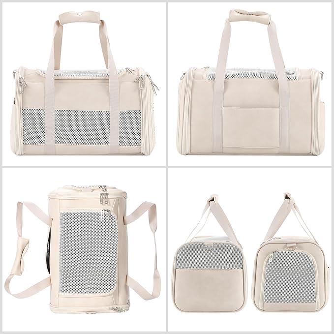Fashion Leather Dog Carrier, Airline Approved Cat Carrier Soft Sided Pet Bag Carrier Purse for Puppy Kitten Small Animals White
