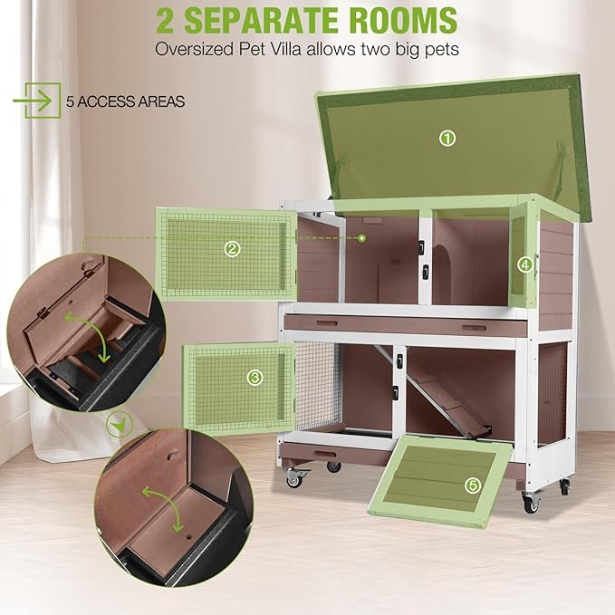 2-Story Rabbit Hutch Indoor Bunny Cage Wooden Guinea Pig House with Chew-Proof Ramp, Leakproof Slide-Out Trays, Lockable Caster Wheels for 1-3 Rabbits (Brown)