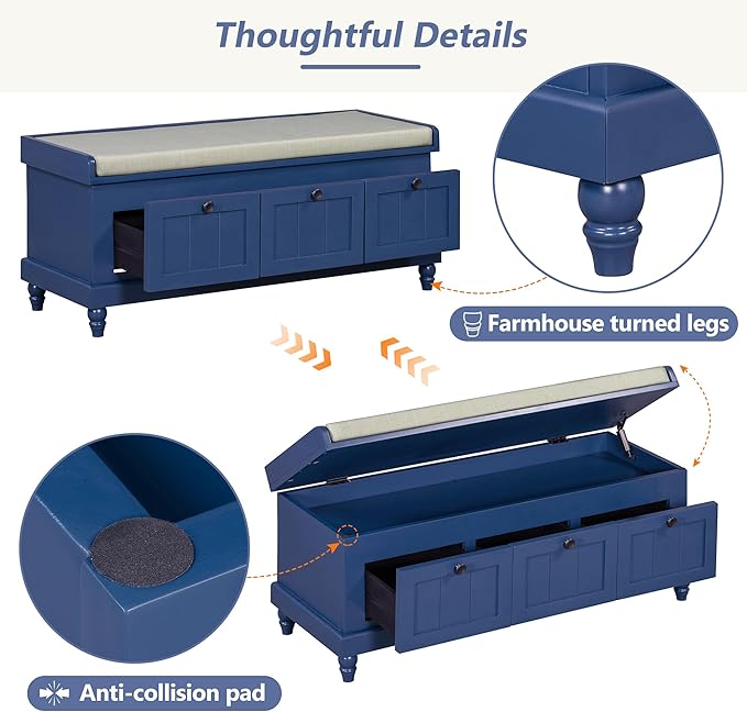Classic Shoe Storage Bench with Cushion and Three Drawers, Fluted Entryway Bench with Storage for Entryway, Living Room, Hallways 44.0" L x 15.9" W x 18.9" H Antique Navy