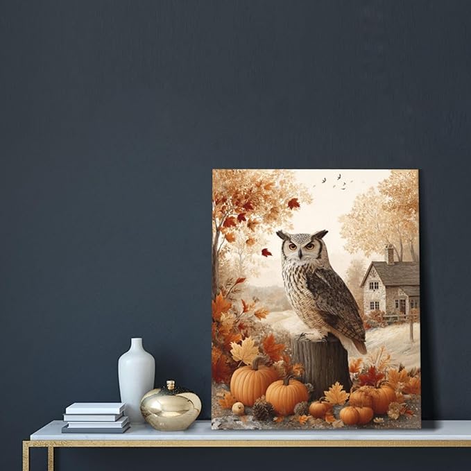 Fall Owl Wall Art Autumn Pumpkin Leaves Wall Decor Rustic Canvas Print Farmhouse Pictures Painting Print Framed Artwork Decorations Gifts for Living Room Bathroom Bedroom Office 16"x20"