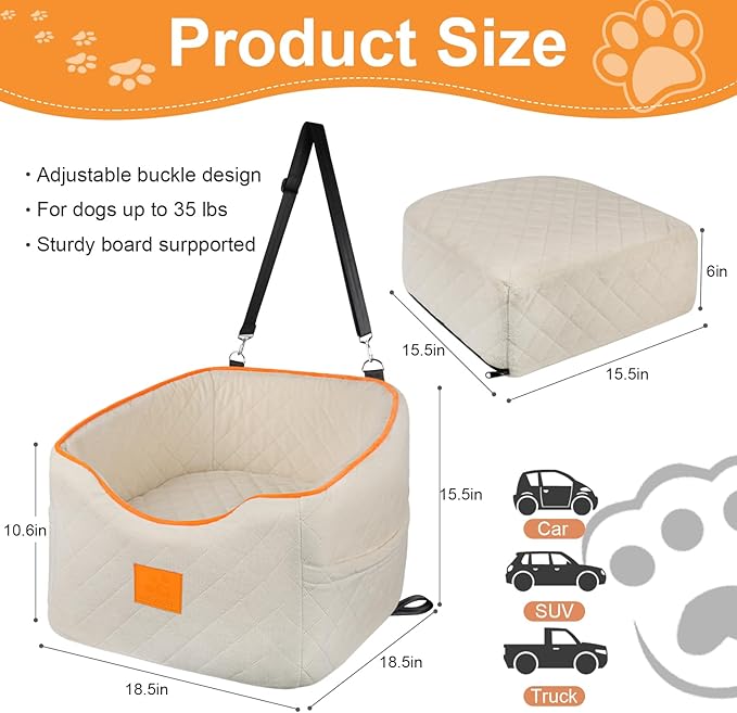 Dog Car Seat for Small Dogs, Memory Foam Booster Dog Seat for Dogs up to 35 lbs, Elevated Pet Car Seat, Travel Safety Pet Seat with Washable Removable Cover, Storage Pockets (Beige)