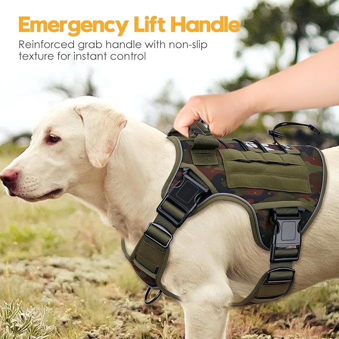 Heavy-Duty Tactical Dog Harness for Large Dogs, No Pull Adjustable Reflective Pet Vest with Molle System, K9 Military-Grade Control for Service Training, Outdoor & 10+ Breeds, Green Camo, XX-Large