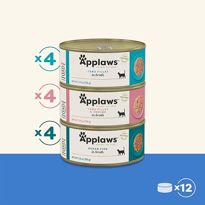 Applaws Natural Wet Cat Food in Broth, Made with Limited and Natural Ingredients, Fish Selection Variety Pack in Broth (12 x 5.5oz Cans)