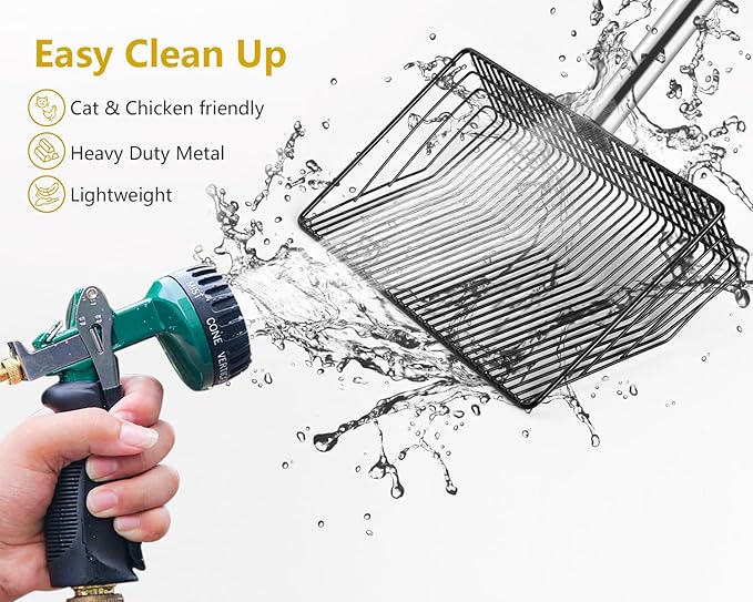 Large Metal Chicken Poop Scooper, Detachable 20 to 63 inches Long Metal Handle, Stainless Steel Chicken Coop Cleaning Tool, Heavy-Duty Pooper Sifting Shovel for Chicken Coop Accessories