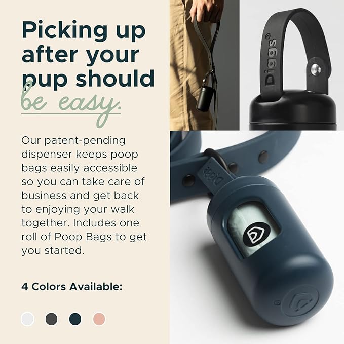 DIGGS Dog Poop Bag Dispenser for Leash - Premium Dog Waste Bag Holder with Easy One-Hand Dispensing (Ash)