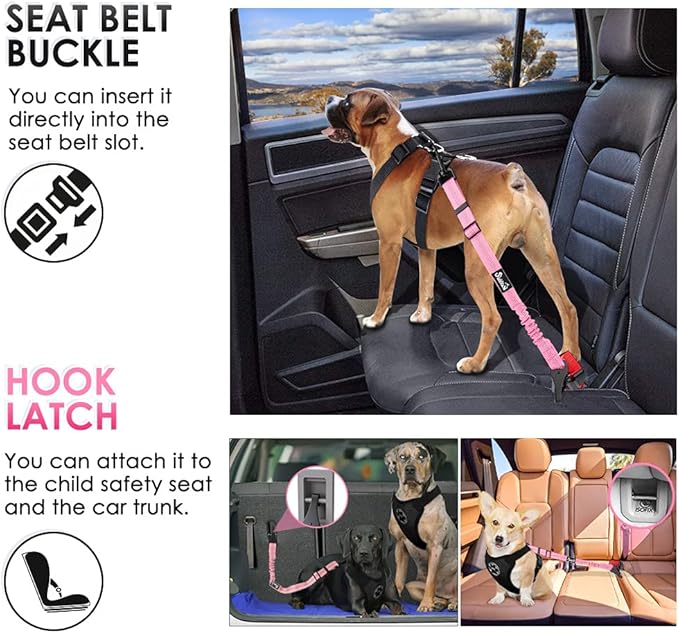 SlowTon Dog Seat Belt, Adjustable Dog Safety Belt Leash, 2 in 1 Latch Bar Attachment Dog Car Seatbelt with Elastic Nylon Bungee Buffer, Reflective Nylon Belt Tether Connect to Dog Harness (Pink)