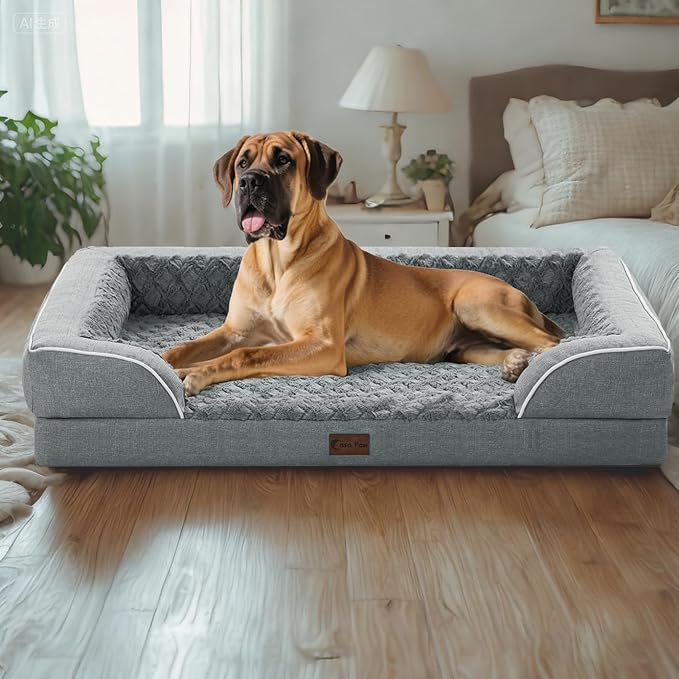 Orthopedic Dog Beds, Waterproof Memory Foam Large Sized Dog Bed with Sides, Non-Slip Bottom and Egg-Crate Foam Big Dogs Beds with Removable Washable Cover(Large,Grey)