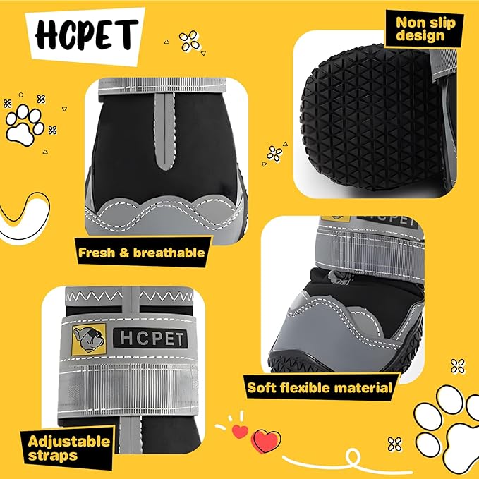 Hcpet Dog Shoes for Large Dogs, Waterproof Dog Booties for Small Medium Dogs, Anti-Slip Dog Boots & Paw Protectors for Hot Pavement Winter Snow Hiking with Reflective Straps Black Size 3