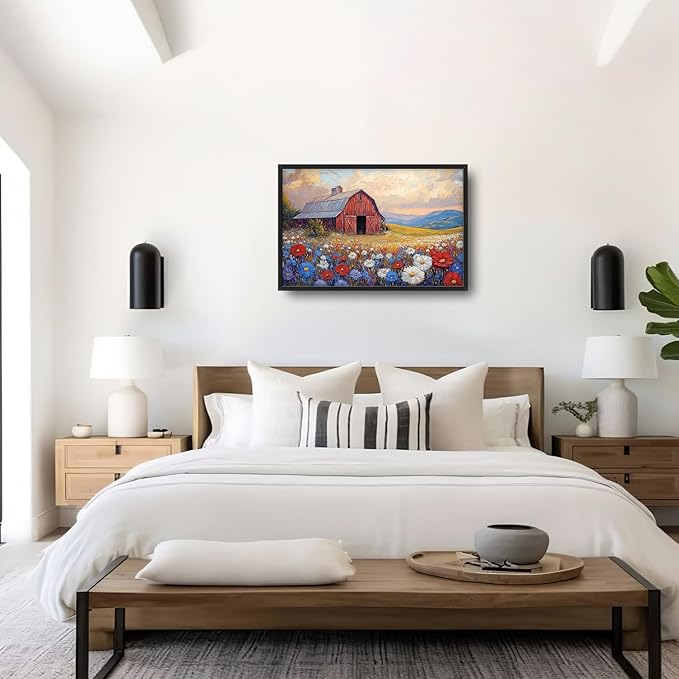 Large Farmhouse Barn Daisy Wall Art for Living Room, Floral Landscape Canvas Oversized Wall Decor, Flower Scenery Framed Pictures Painting Print Artwork for Bedroom Office 36"L x 24"W